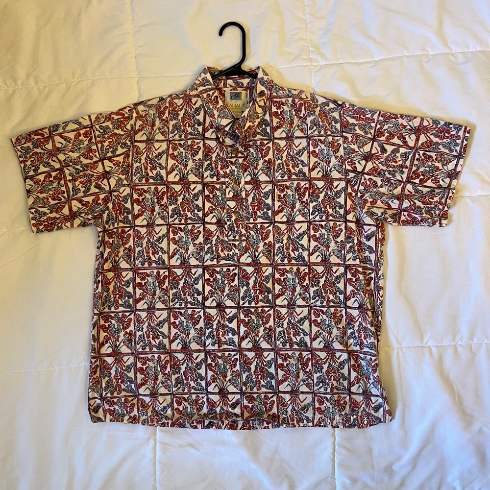 Kahala Men’s Aloha Shirt Cream and Red & Blue - Casual Print